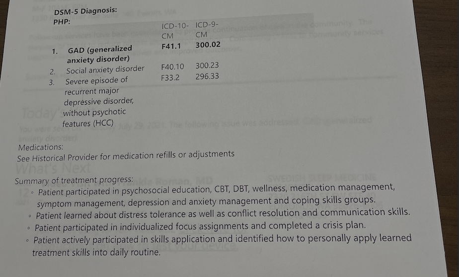 Discharge paperwork from partial hospitalization, July 2021